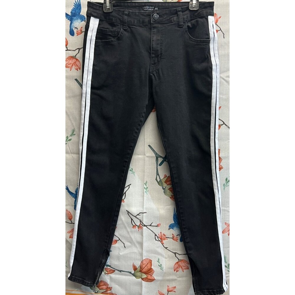 London Rag Skinny Black Denim Pants Black White Side Stripes Pockets Size 32/30